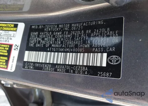 2021 Toyota Camry Se from USA, damaged, VIN 4T1G11AK4MU480085